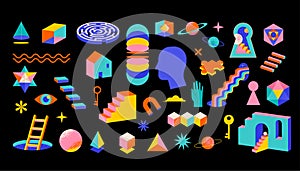 Surreal, Abstract, psychedelic collection of shapes, elements. Modern, geometrical trendy elements and symbols for