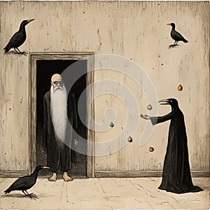 Surreal Action Painting: Male Crows Feasting On Fruit In An Empty Door