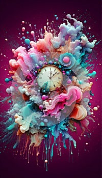 Surreal Alcohol Ink Painting of a Melting Clock Dripping into an Ocean of Bold Magenta and Turquoise Splashes photo
