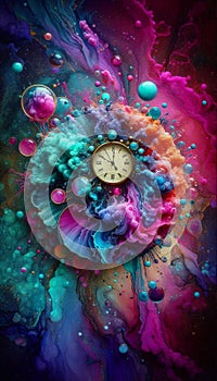 Surreal Alcohol Ink Painting of a Melting Clock Dripping into an Ocean of Bold Magenta and Turquoise Splashes photo