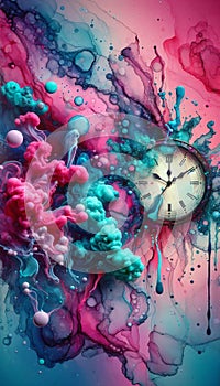 Surreal Alcohol Ink Painting of a Melting Clock Dripping into an Ocean of Bold Magenta and Turquoise Splashes photo