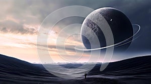 Surreal alien landscape with a blue planet with rings in the sky and the back view of a lonely human in a rolling valley, made