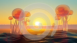 Surreal alien landscape with translucent spherical jelly organisms rising from the smooth water. Generative AI