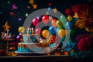 Surreal ambiance unfolds as a beautifully decorated kids\' birthday cake,