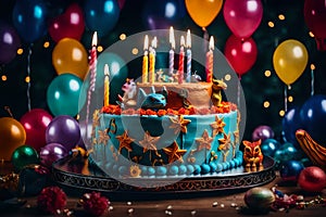 Surreal ambiance unfolds as a beautifully decorated kids\' birthday cake,