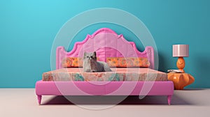 Surreal Animal Hybrid Pink Bed With Mischievous Feline Motif