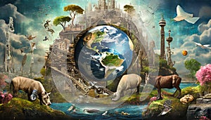 surreal animals frame city earth green planet