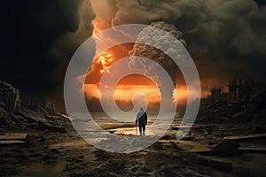 Surreal and apocalyptic landscape view of humanity extinction in fire