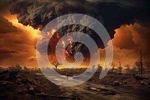 Surreal and apocalyptic landscape view of humanity extinction in fire