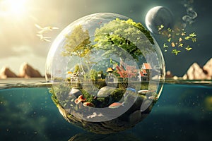 Surreal Aquatic Globe with Dual Worlds. Fantasy Landscape..Surreal Aquatic Globe with Dual Worlds. Fantasy Landscape