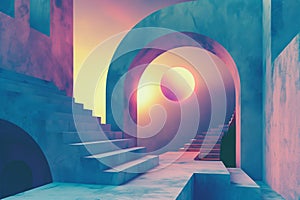 Surreal Archway and Staircase Against a Sunset in Pastel Hues