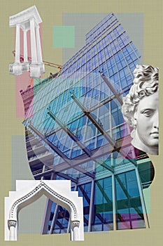 Surreal art collage with elements of classic architectural details, antique statues, new building facades, construction