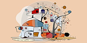 Surreal art illustration in Joan Miro style. Abstract Painting with Geometric Shapes photo