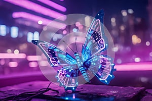 Surreal artificial cyborg cyberpunk glowing monarch butterfly with blue and pink neon lights flying against a blurred futuristic