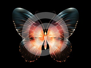 Surreal artistic composition of a butterfly on a black background.