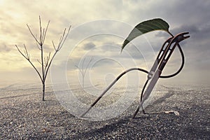 Surreal artistic illustration with a leaf on gravel and rusty metal