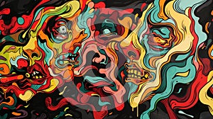 Surreal artwork featuring distorted faces and bodies in abstract forms photo