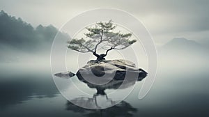 Surreal Asian-inspired Tree On Rock: A Serene And Peaceful Ambiance