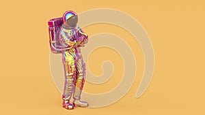 Surreal astronaut or cosmonaut or spaceman in space suit, futuristic sci-fi cosmic galactic background, 3d render modern trendy co