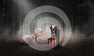 Surreal Baby, Clown, Forest, Danger photo