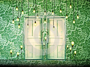 Surreal background with doors and liht bulbs