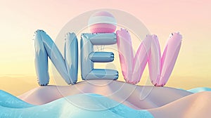 Surreal Balloon Letters Spelling NEW on Pastel Landscape