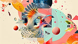 Surreal bird with open beak in abstract art composition