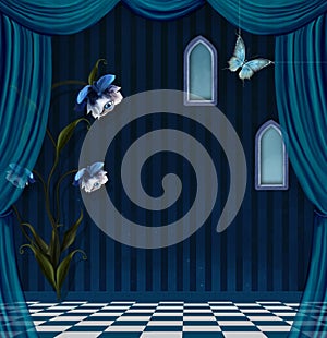 Surreal blue stage with fantasy flowers