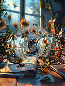 Surreal Botanical Eyeglasses Reflection - Hyper-realistic Flowers as Everyday Objects on Study Desk photo
