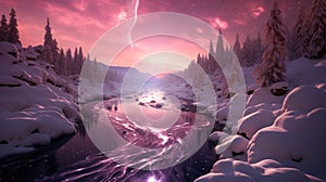 Surreal Bright Pink River In The Snow In A Fantastic Landscape. Snowy Surreal Dreamscape With Vortexes. Whimsical Wilderness