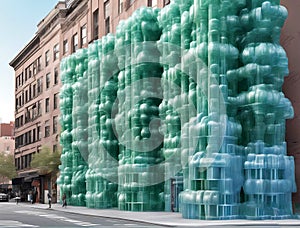 surreal builing strucure that blends contemporary art snd design,made of plasticiet and recycled plastic bottle