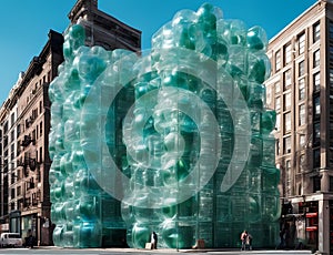 surreal builing strucure that blends contemporary art snd design,made of plasticiet and recycled plastic bottle