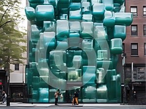 surreal builing strucure that blends contemporary art snd design,made of plasticiet and recycled plastic bottle