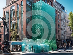 surreal builing strucure that blends contemporary art snd design,made of plasticiet and recycled plastic bottle