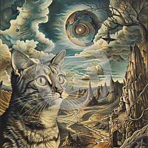 Surreal Cat in Salvador Dali Style Vintage Drawing Imitation photo