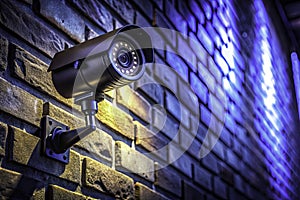 Surreal CCTV Surveillance A Night Vision Security Camera on a Mysterious Brick Wall Unearthly Photography photo