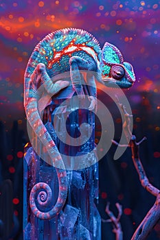 Surreal Chameleon with Vibrant Colors on Mystical Glowing Tree in Enchanted Forest Scene