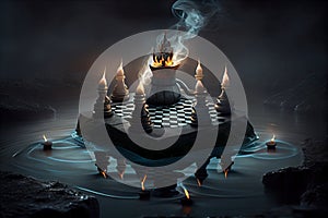 surreal chess game on floating stone with candles and smoke