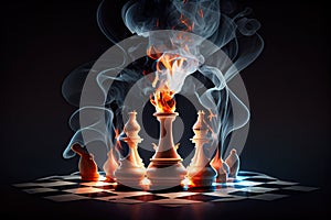 surreal chess match with floating pieces, burning flames, and billowing smoke