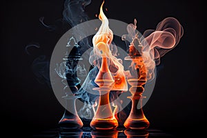 surreal chess match with floating pieces, burning flames, and billowing smoke