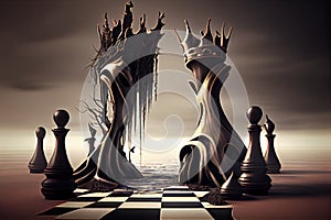 surreal chess scene, with drooping king and queen pieces