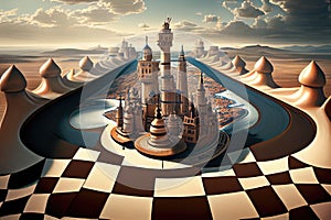 surreal chess setting on a flying carpet, with views of the city below