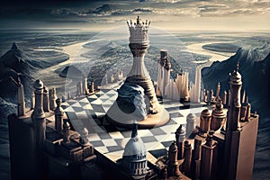 surreal chess setting on a flying carpet, with views of the city below