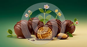 Surreal Chocolate Peanut Butter Truffles with Delicate Flowers on Gradient Background photo