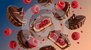 Surreal Chocolate Raspberry Tarts Levitating Against Gradient Background photo