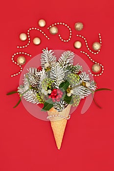 Surreal Christmas Ice Cream Cone with  Flora and Gold Baubles