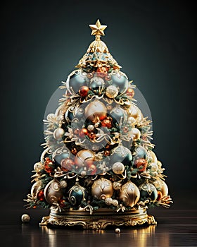 Surreal Christmas tree fully decorated with large baubles and a star at the top