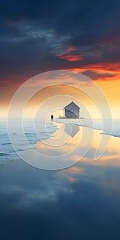 Surreal Cinematic Minimalistic Shot: The Floating Wooden House On Ice