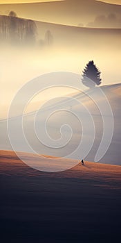 Surreal Cinematic Minimalistic Shot: A Lone Tree In A Foggy Field