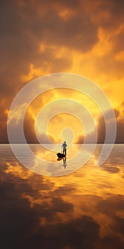 Surreal Cinematic Minimalistic Shot: A Man In A Boat On A Lake At Sunset